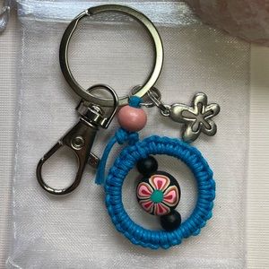 Hand Crafted Macrame Blue Black Pink Silver Flower Keychain Purse Backpack Charm